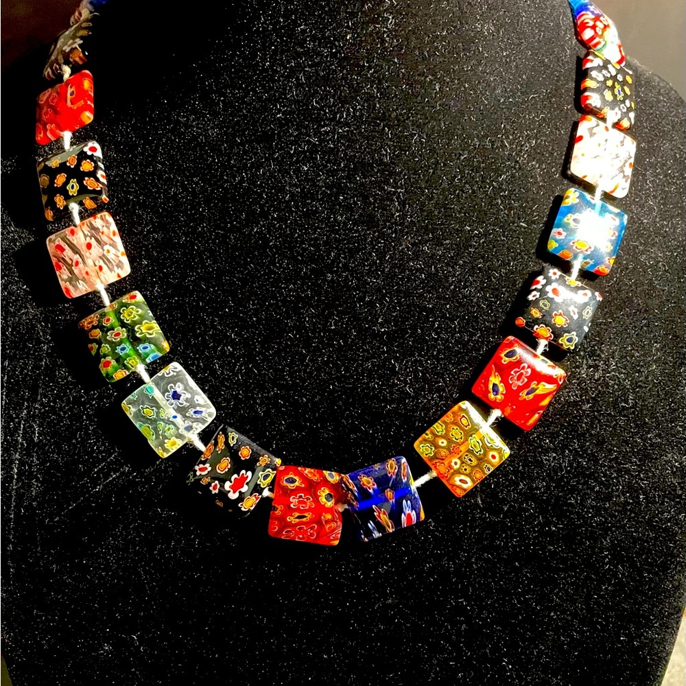 Beautiful hand knotted millifore beaded 10” necklace.
